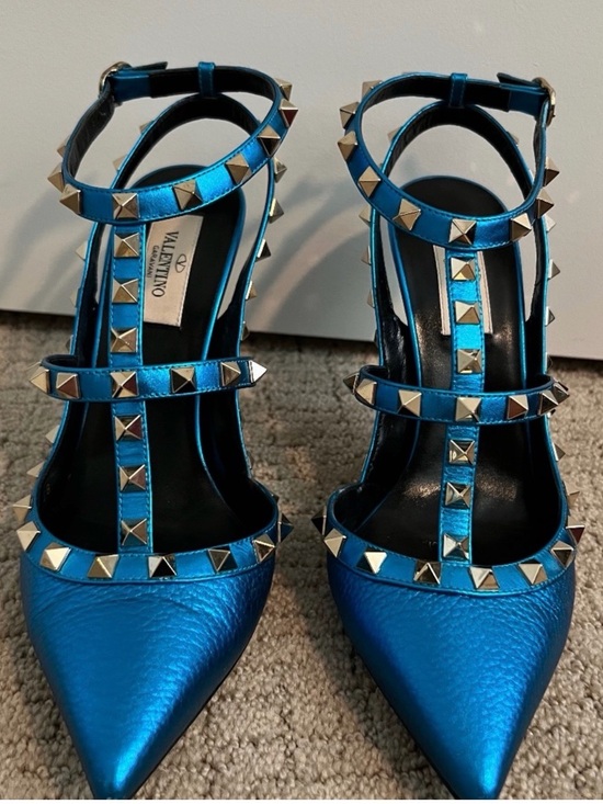 Valentino Shoes - Valentino Metallic Blue Studded T-Strap Pumps